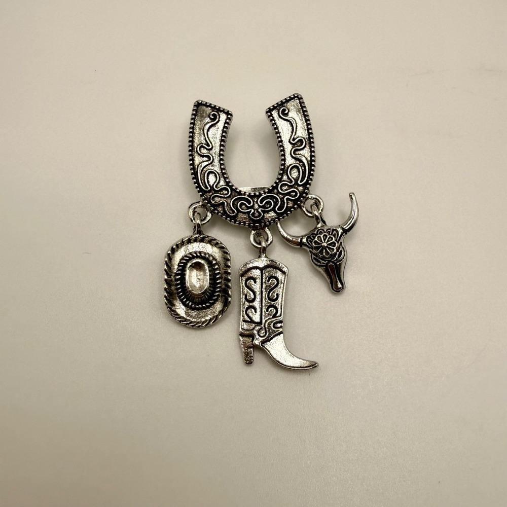 Western Horseshoe Charm Brooch Silver Tone Cowboy Boot Hat Bull Head Pin